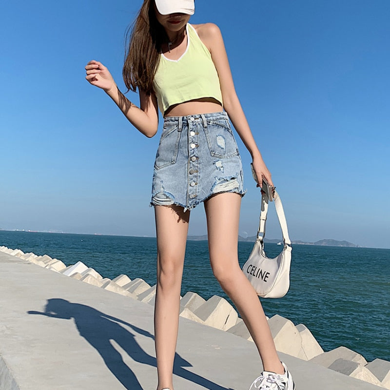 Chic Button Denim Skirt Shorts Women Summer 2023 Fashion Fake Two Pieces High Waist Jean Skirts Casual A-line Mini Skirt Y2k