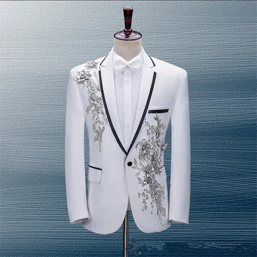 New Men Luxury Patchwork Suit Single Button Flower Jacket Fashion Singer Host Pianist Stage Performance Blazers Coats