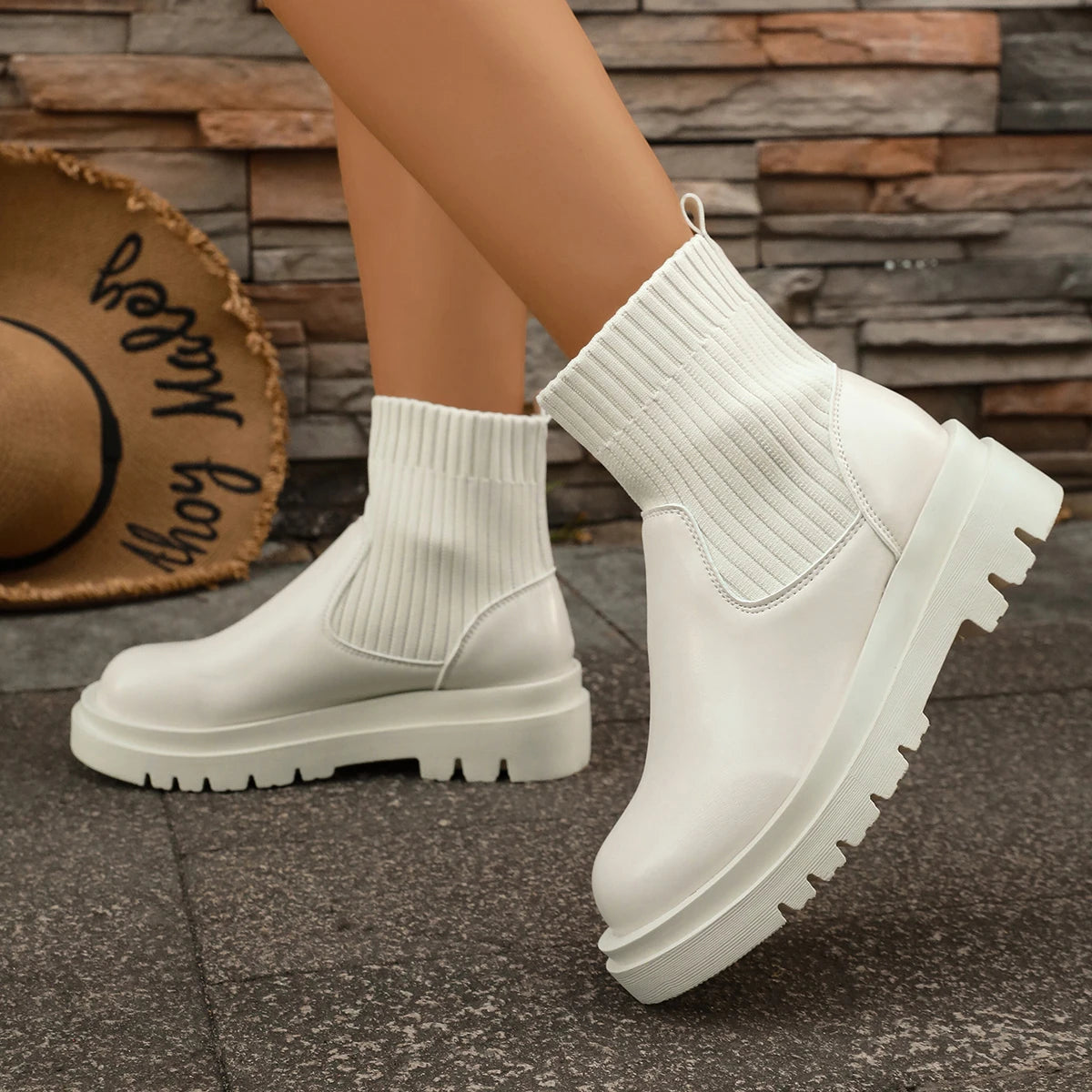2025 Autumn Winter Fashion Women Chelsea Boots Leather High Heels Boots Platform Shoes Ladies Knitted Sexy Ankle Boots