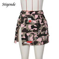 Stigende Women Sexy High Split Camouflage Skirt Army Green Ripped Irregular Skirt Spliced Color Pocket Button Long Maxi Skirt