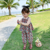 Summer Girls' Clothing Sets Back Cross Flower Suspender Top+ Nine-Point Pants Baby Children Clothes Suit Fashion Kids Outfit