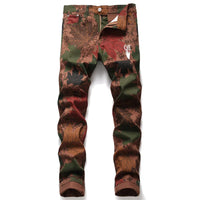 Men’s Trendy Full Prints Decors Denim Pants,High Quality Slim-fit Brown Jeans,Street Fashion Sexy Jeans,Daily Casual Jeans Pants