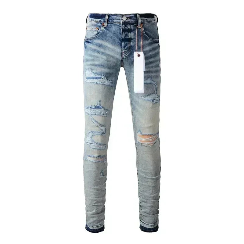 Men's Skinny Denim Jeans 2025 New Streetwear Distressed Painted Repair Low-Rise Brand Pants for Casual Style