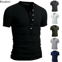 2026 Men's Summer Casual Shirts Solid V-neck Button Slim Fit T-Shirts for Men Fashion Short Sleeve Tees Tops Men Clothing S-3XL