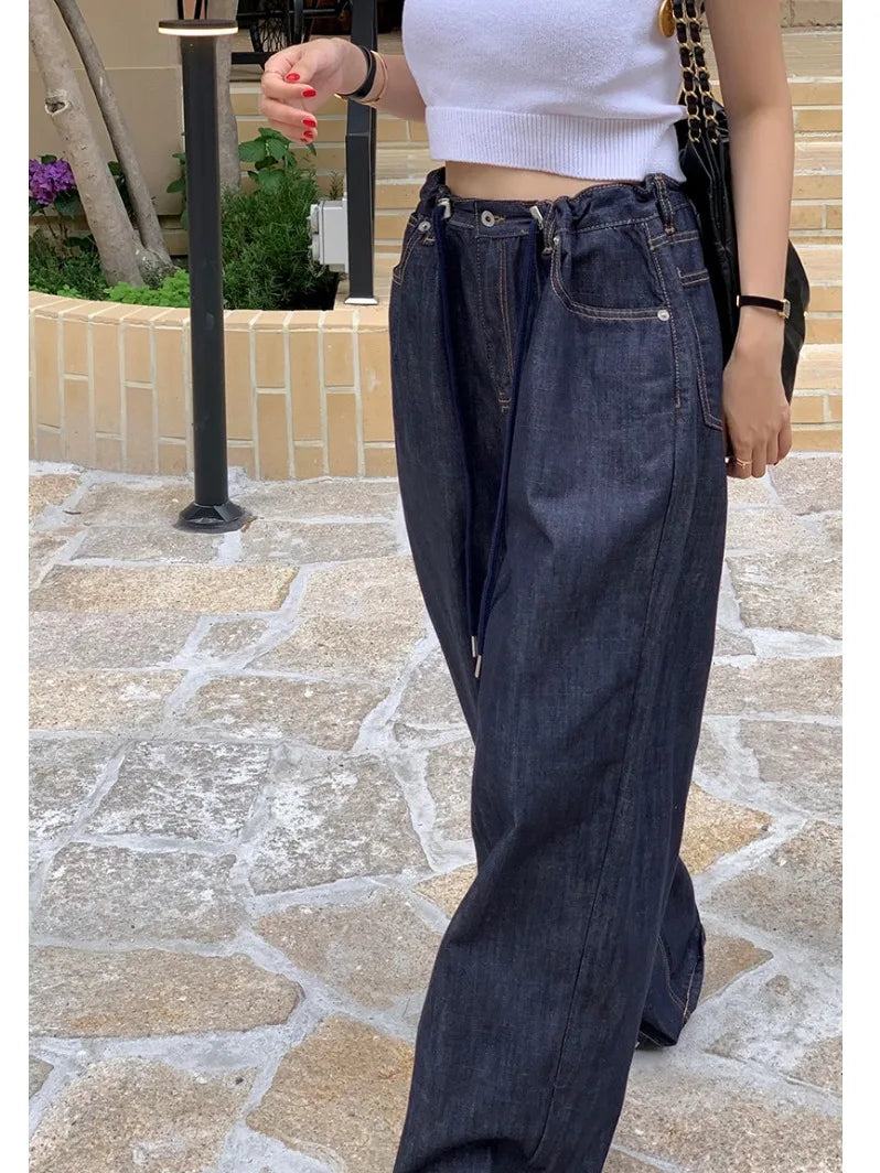 High Waist Dstring Loose Wide Leg Jeans for Women Faionable Versatile Long Pants Taller Women Spring Autumn Winter