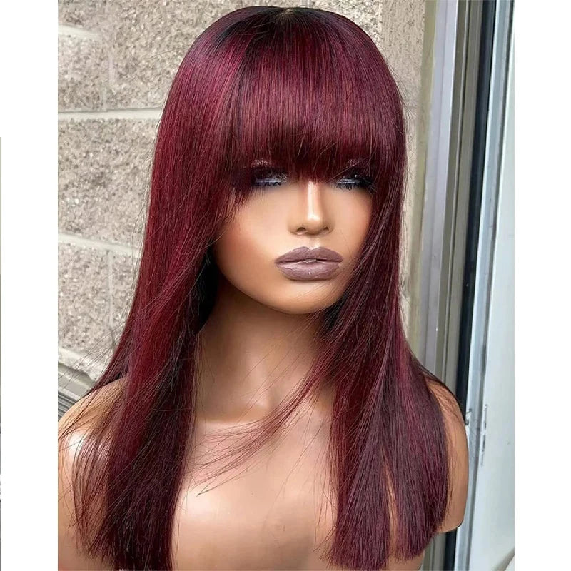 99J Short Straight Human Hair Wigs With Bangs Raw Vietnamese Red Colored Bob Glueless Wig Human Hair For Women On Sale Clearance