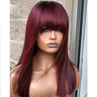 99J Short Straight Human Hair Wigs With Bangs Raw Vietnamese Red Colored Bob Glueless Wig Human Hair For Women On Sale Clearance