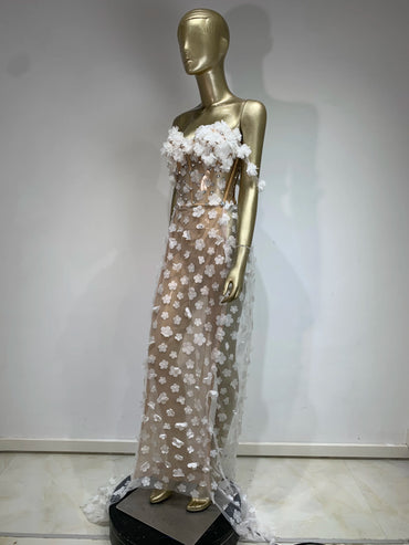 STOCK Women Sexy Strapless White Flower Crystal Long Dress 2024 Elegant Evening Club Party Dresses Stage Performance Clothing