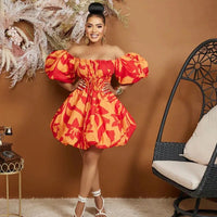 African Print Dresses for Women Summer Elegant African Off Shoulder Short Puff Sleeve Mini Birthday Evening Gowns African Dress