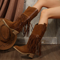 2024 Winter Women Fringes Thick Heel High Boots Suede Pointed Toe Outdoor Fashion Platform Shoes Willow Nails Pumps Women Shoes