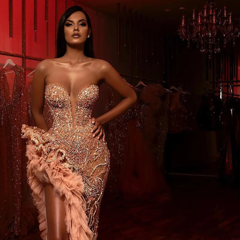 champagne blush prom dress Andrea & Leo A1508 Long Formal Sequin Beaded Prom Dress