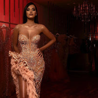 Aso Ebi Champagne Blush Mermaid Prom Dresses 2023 Sparkly Beaded Ruffles High Slit Sweetheart Arabic Evening Party Occasion Gown