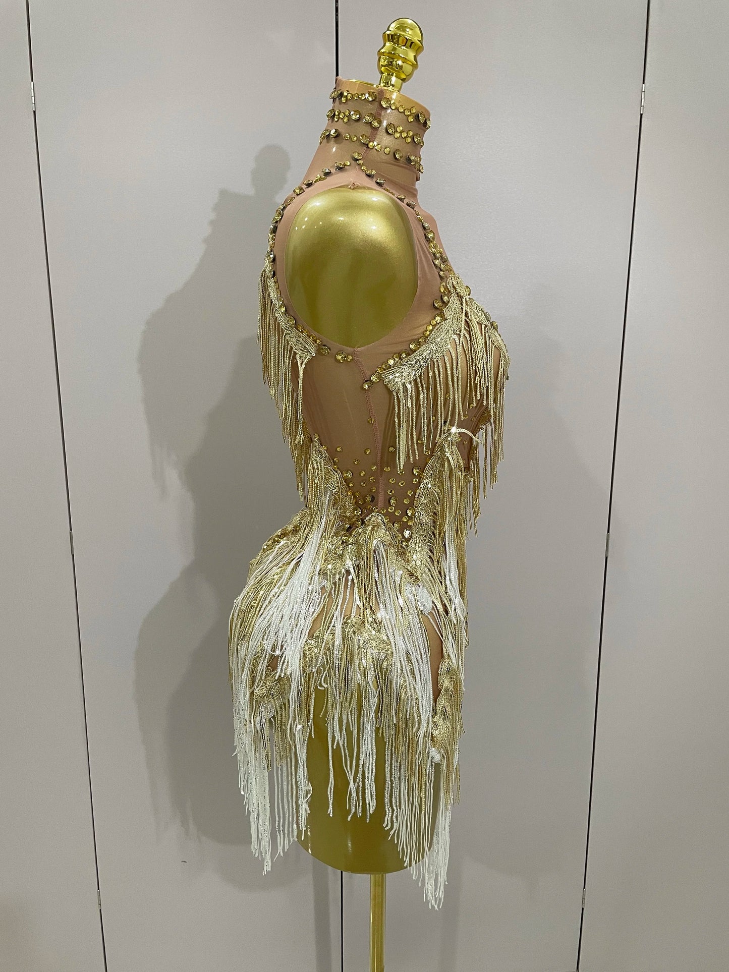 Stock 2025 Women Sexy Stretch Mesh Sparkly Rhinestone Tassels Mini Dress Nightclub Singer Dance Stage Costume Evening Gowns