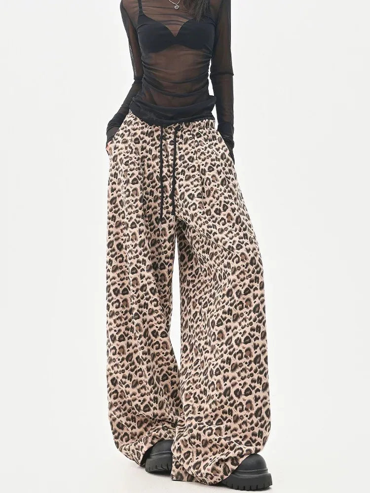 2025 Jeans Leopard Print High-Waisted Loose-Fit Casual Trousers Straight-Leg Long Pants New Style Amazeon European And American