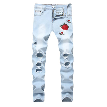 European and American Men's Casual Jeans with Embroidered Roses, Fashionable Ripped, Slim-fit, Stretch, Ankle-length Trousers