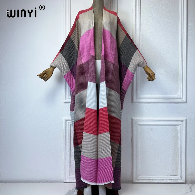 WINYI winter stripe printing cotton Pleated dress Beach Wear elegant Africa women Cardigan Hot Bohemian holiday party Kimono