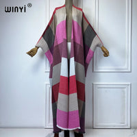 WINYI winter stripe printing cotton Pleated dress Beach Wear elegant Africa women Cardigan Hot Bohemian holiday party Kimono