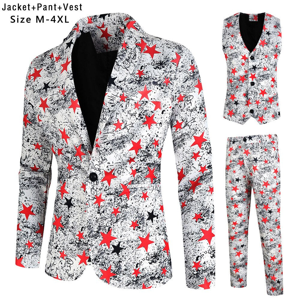 Fashion Hip Hop Printed Yellow Blazer Sets Men (Jackets + Pants + Vest ) Autumn Spring Club Prom 3 Pieces Suits Terno Masculino