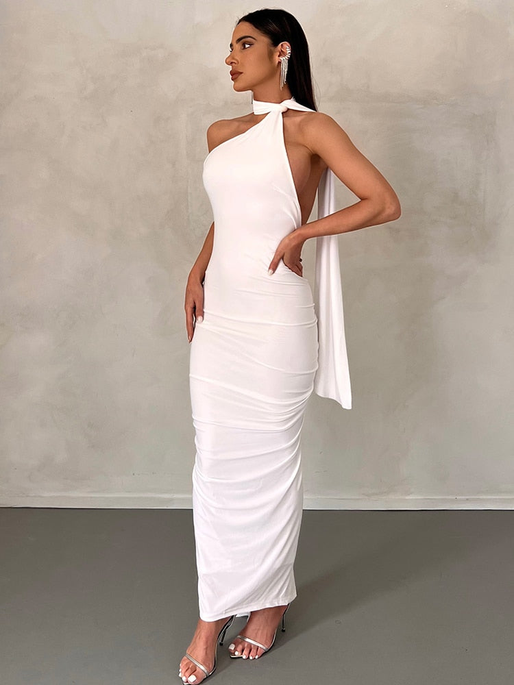 Halter Backless Maxi Dresses For Women Summer 2023 Elegant Mermaid Long Party Evening Dress Bandage Ruched Bodycon Dress White