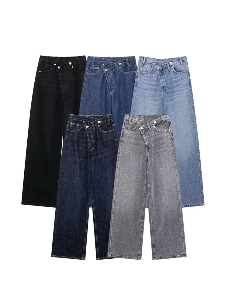 Women's Basic Hundred Jeans New Fashion Asymmetric Design High Waist Wide Leg Trousers Casual Women's Straight Leg Jeans