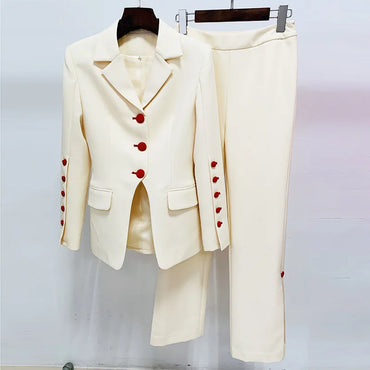 Two Piece Sets Blazer Pants Beige Women Office Single Breasted Red Button Personalized Tailoring Blazer Pantsuits Formal Suit