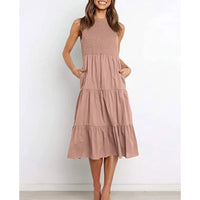 2023 Women Casual Sleeveless Dress Summer Outfits Smocked Tiered A-Line Large Swing Sundress Elastic Waist Solid Color Y1QD