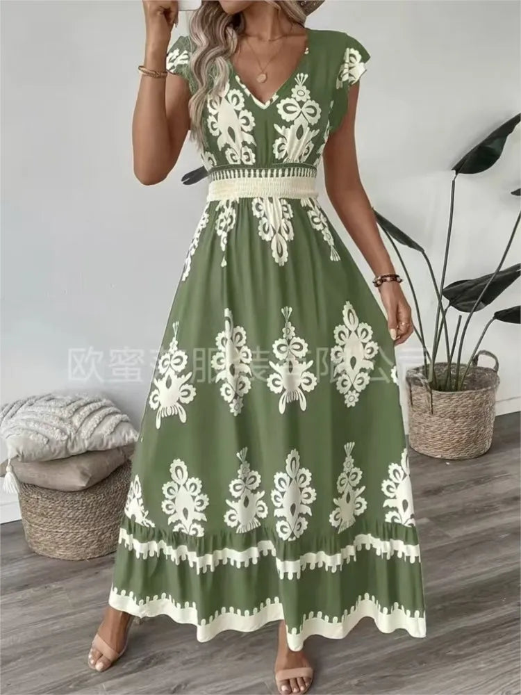 Women's Holiday Wind Beach Print Dress Summer Fashion High Waist Slim Body Casual V Neck Swing Elegant Ladies Office Long Dress