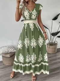 Women's Holiday Wind Beach Print Dress Summer Fashion High Waist Slim Body Casual V Neck Swing Elegant Ladies Office Long Dress