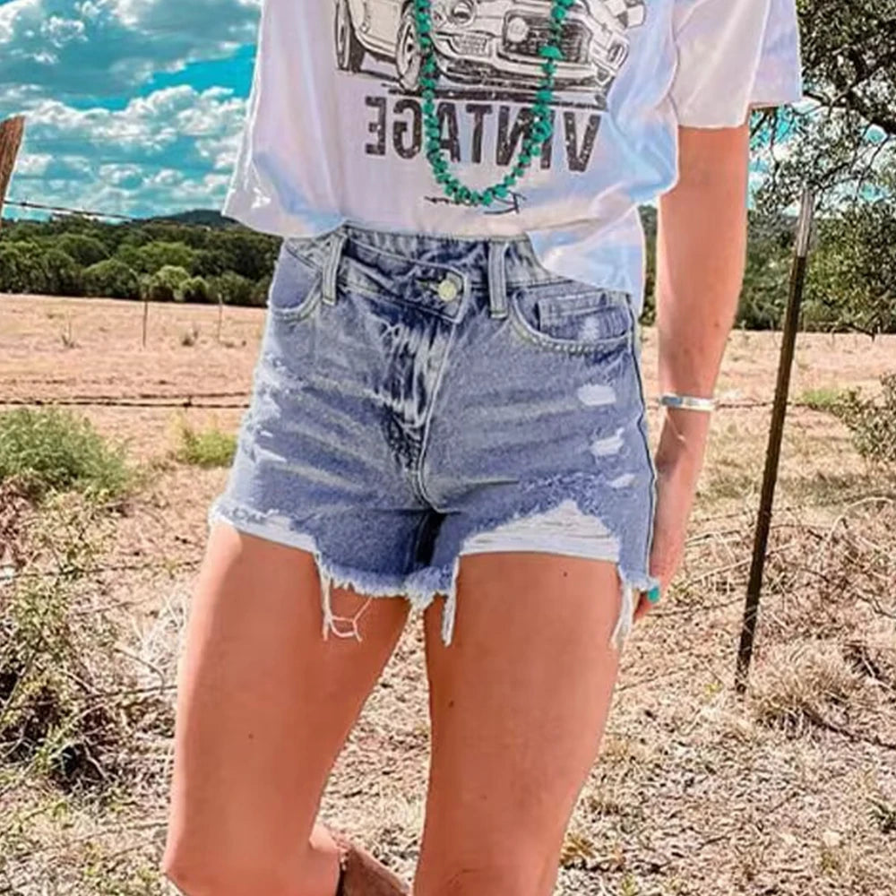 Wepbel Short Jeans Women Ripped Raw Hem Summer Vacation Denim Shorts Crossover High Waist Basic Leisure Denim Shorts