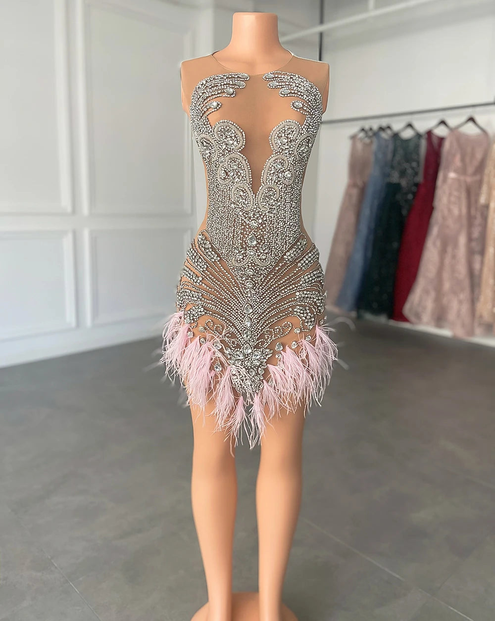 Sexy Black Girl Short Prom Dresses 2023 Luxury Silver Crystals See Through Women Feather Cocktail Gowns For Birthday Party