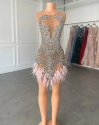 Sexy Black Girl Short Prom Dresses 2023 Luxury Silver Crystals See Through Women Feather Cocktail Gowns For Birthday Party