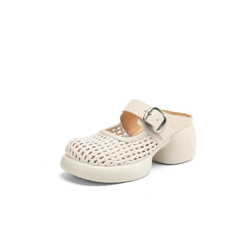 New Summer Slippers Cover Toe Slippers for Women Fashion Hollow Out Round Toe High Heels Ladies Shoes Chunky Heels Slippers