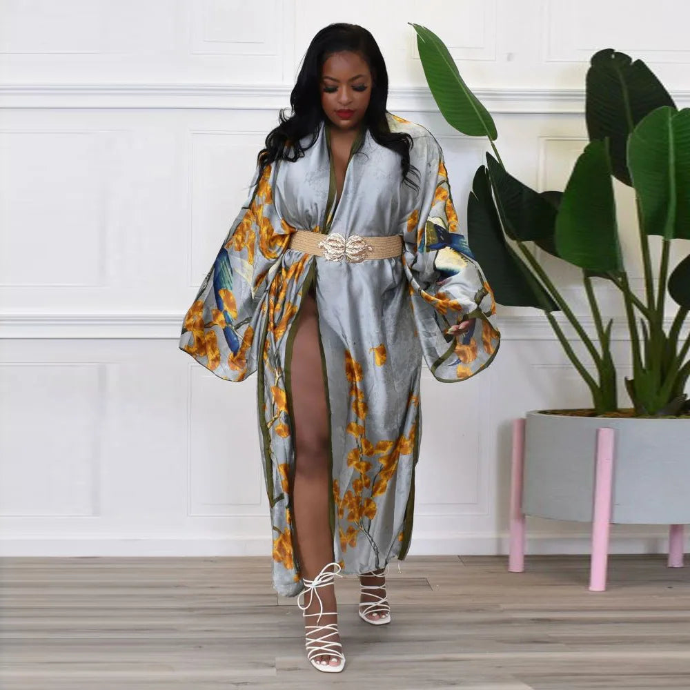 Casual Beach Cover Up Boho Dress Party Kaftan Kimonos Verano Sukienka Print Long Sleeve Cardigan Female Blouse Loose Dresses