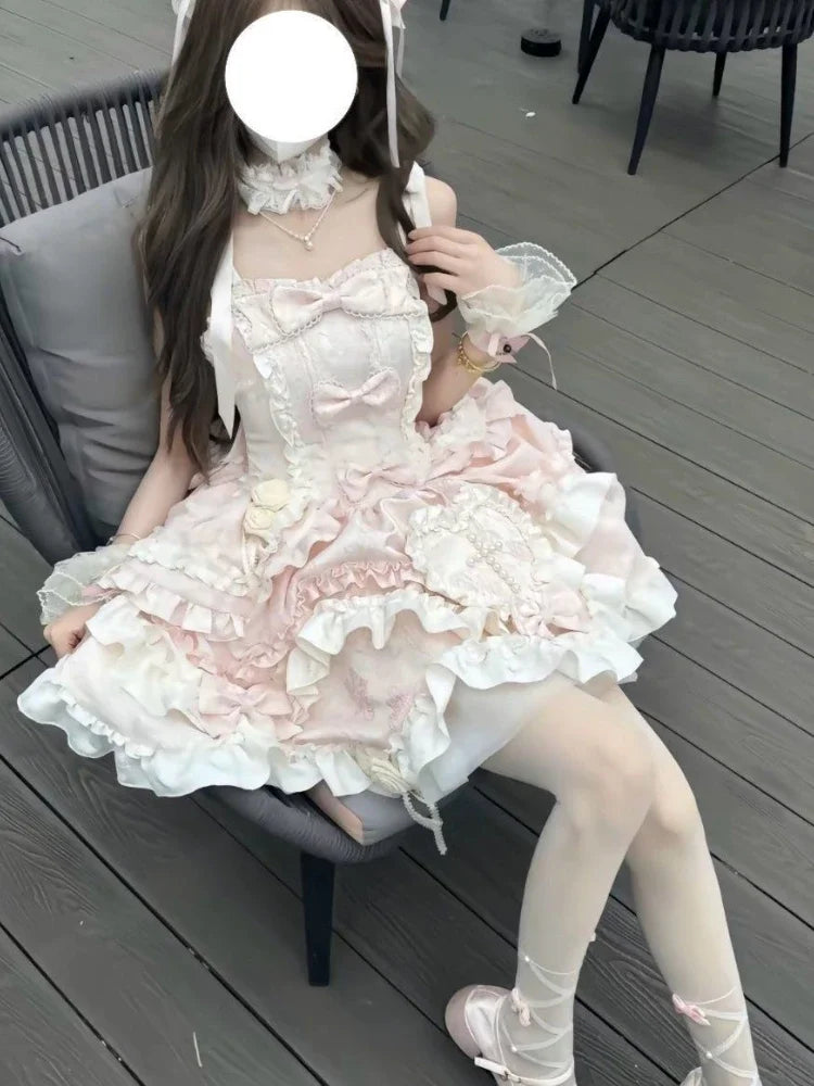 Lovely Kawaii Slash Neck Slim Lolita Dress Women Sweet Design Bow Off Shoulder Sling Dresses Elegant Cute Pretty New Clothing
