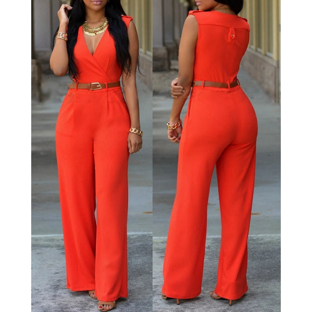 Summer Women Sleeveless Plunge Wide Leg Jumpsuit V Neck Overalls Causal Female One-pieces Office Lady Outfits Elegant Workwear