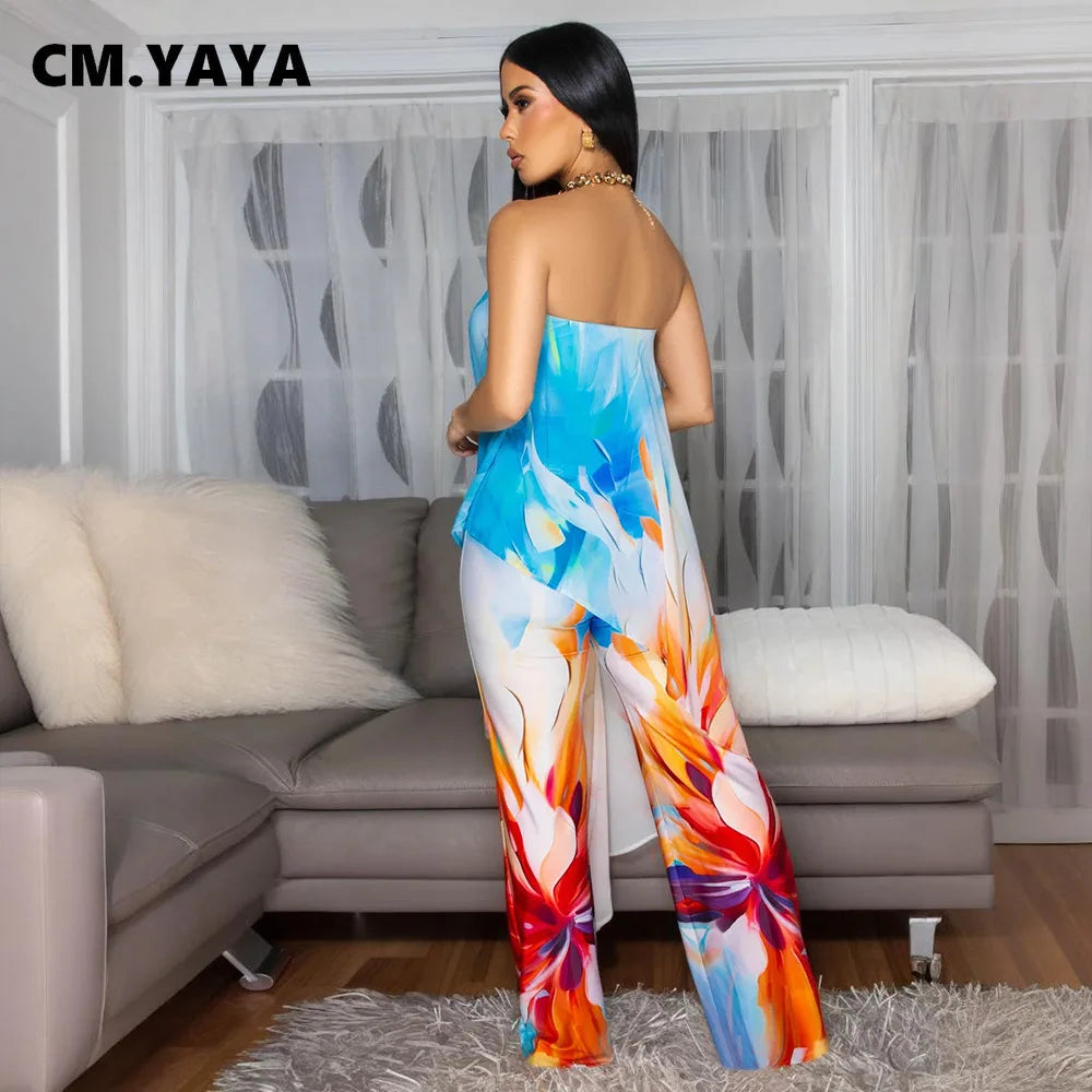 CM.YAYA Beach Holiday Print Women's Set Strapless High Low Blouse Top and Pants Suit 2025 Street Summer Two 2 Piece Sets Outfit