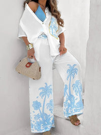 Women Single-Breasted Printing Fashion Outfit, Spring Summer Cardigan Top Straight Pants 2PCS Sets, Loose Elegant Ladies Suits
