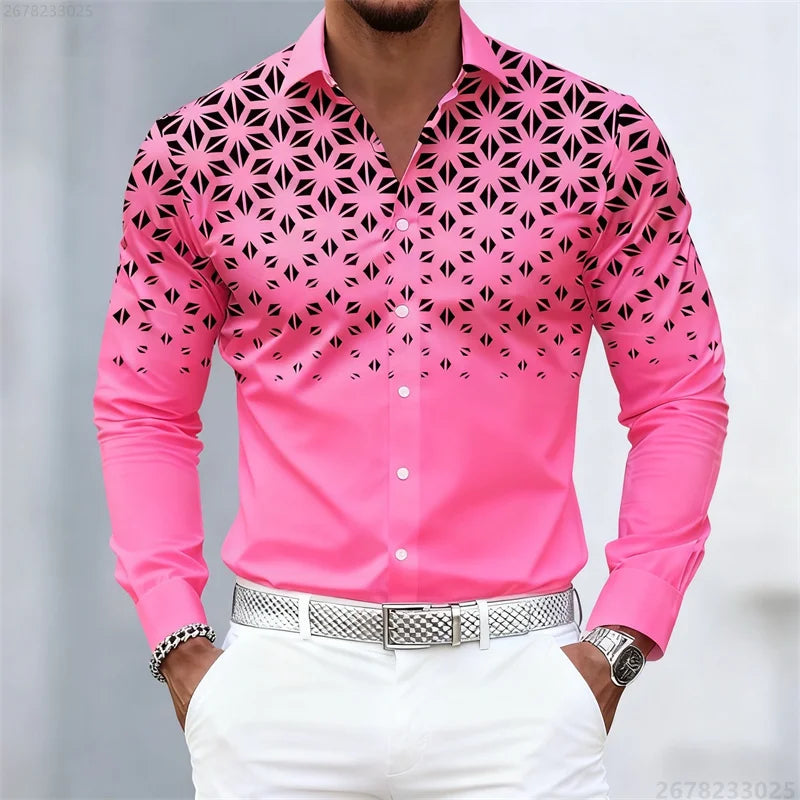 17 colors of men's shirts, fashionable geometric pattern print long sleeve shirts, personalized trendy slim lapel casual shirts