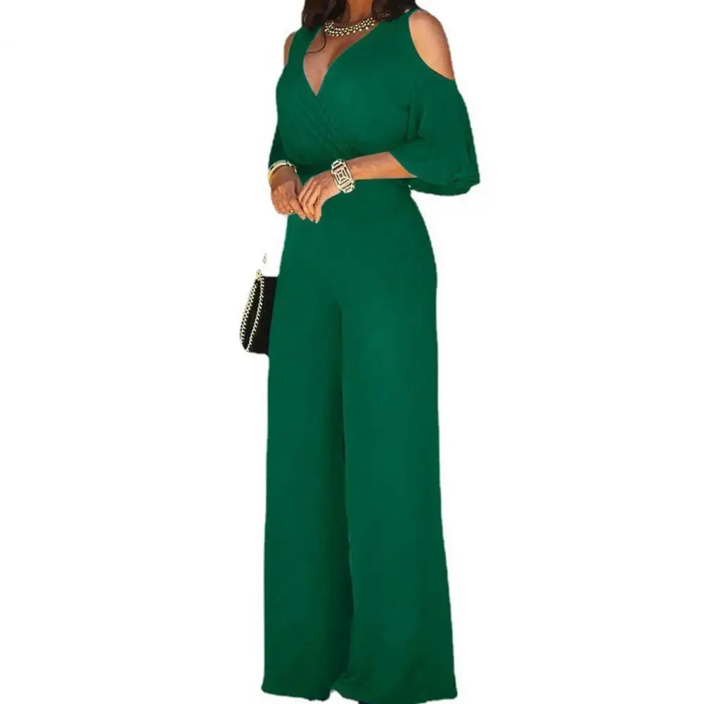 2023 Spring And Autumn Women Jumpsuit Hollowed Out Strapless Solid Color Women Jumpsuit V-neck High Waist Belt Wide-leg Pant