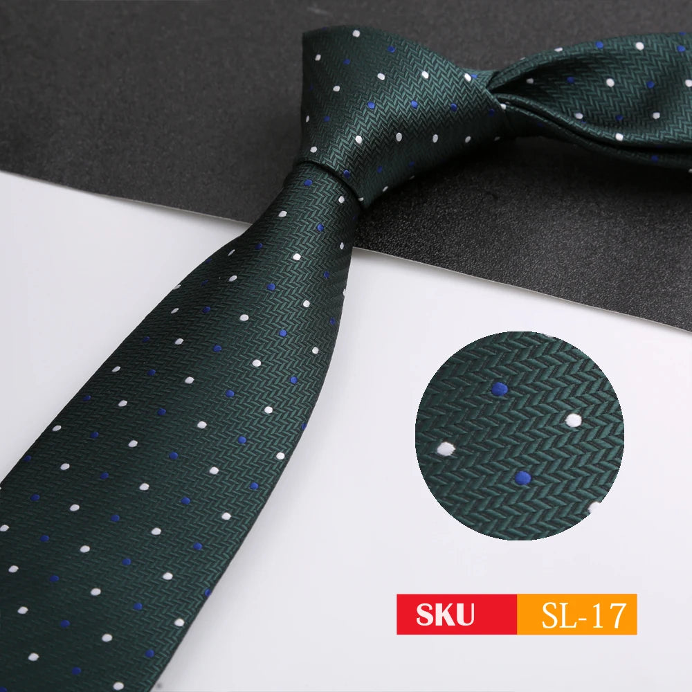 Luxury 8CM Mens Necktie Dark Green Color Dot Plaid Stripes Ties For Man Groom Jacquard Woven Neck Tie For Business Party