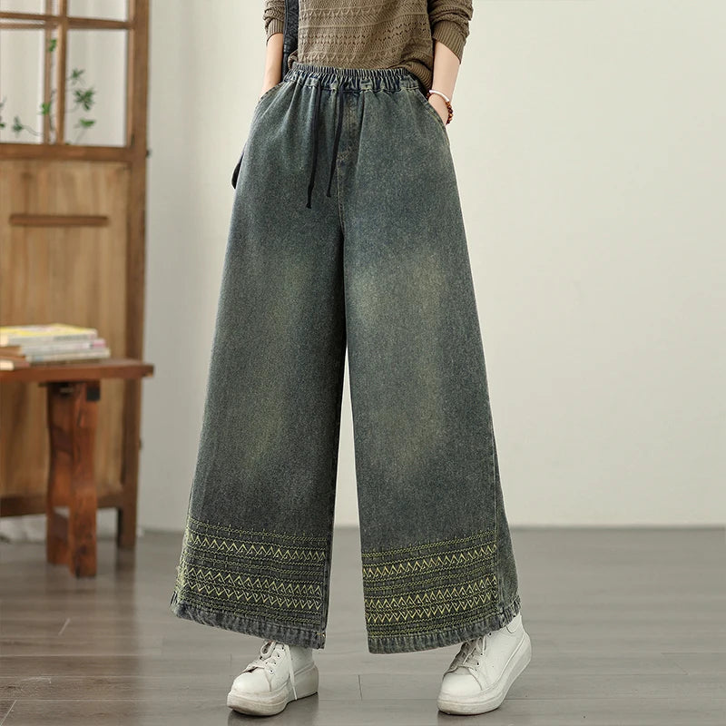 Jeans Women 2025 Autumn New Jeans Retro Heavy Industry Embroidery Ethnic Style Elastic Waist Casual Oversized Wide Leg Pants