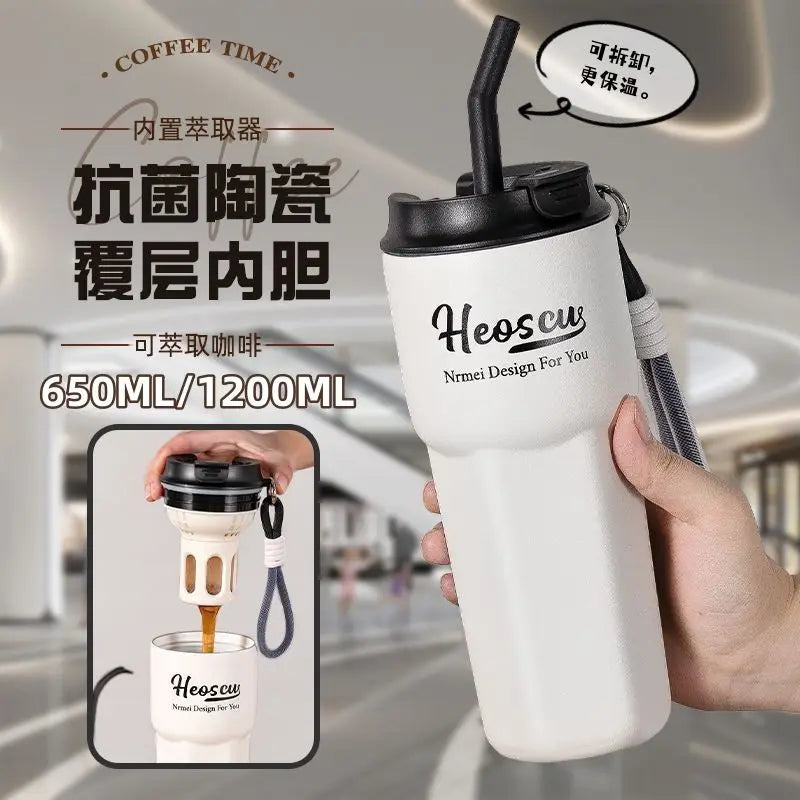 Insulated water cup, high appearance ceramic coffee cup, large capacity student with straw ice cream water cup