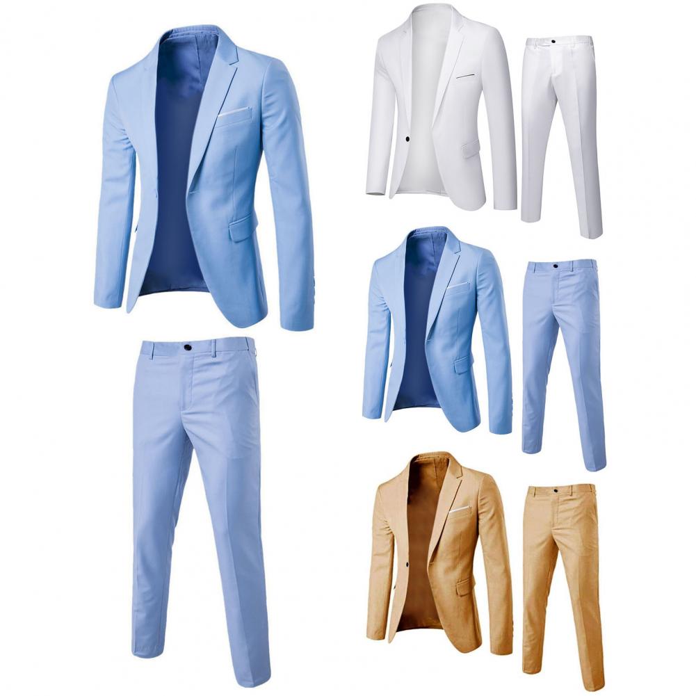 Sexy 2Pcs/Set Groom Suit Pure Color Wedding Blazer Pant Set Slim Men