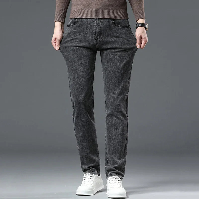 Men Casual Stretch Jeans Male 2025 New Fashion Classic Business Straight Leg Smoke Gray Work Denim Trousers Brand Clothing