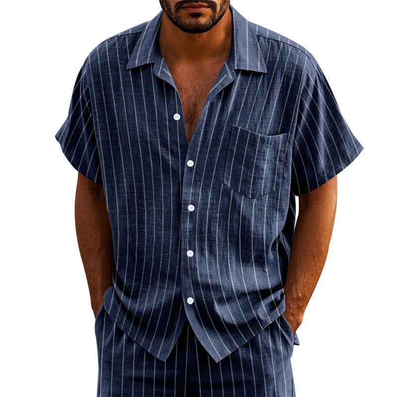 New Casual Mens Linen Shirts Summer Leisure Breathable Loose Short Sleeve Striped Shirt For Men Outdoor Fashion Button Lapel Top