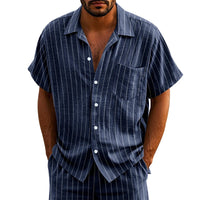 New Casual Mens Linen Shirts Summer Leisure Breathable Loose Short Sleeve Striped Shirt For Men Outdoor Fashion Button Lapel Top