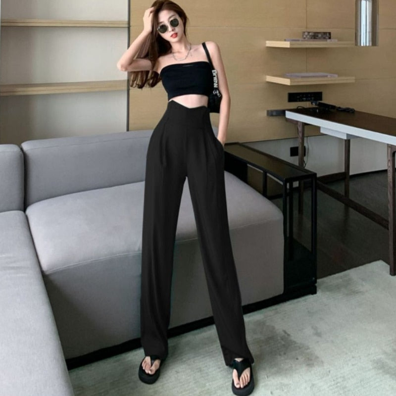 Office Purple Women's Pants Straight Leg Trousers for Woman Long High Waist Wide Sexy Work Solid Tailoring Classic 90s Clothing