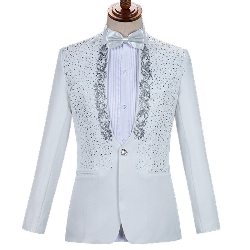 Gold Embroidery Suit Men Stand Collar Diamond Mens Blazer with Pants Wedding Groom Tuxedo Suits Stage Singer Party Costume Homme
