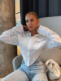 2021 Autumn Winter Women Long Sleeve Solid White Ladies Short Crop Blouse Shirt For Woman Female