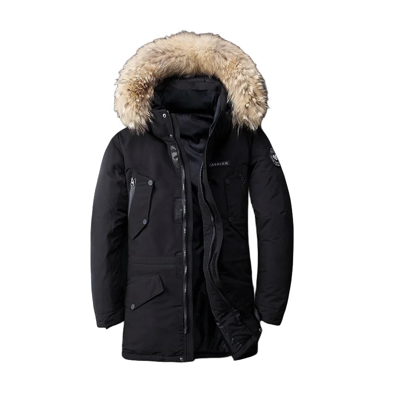 New Men's Thickened White Duck Down Coat Mid-length Winter Outerwear with Detachable Fur Collar for Fashionable Look